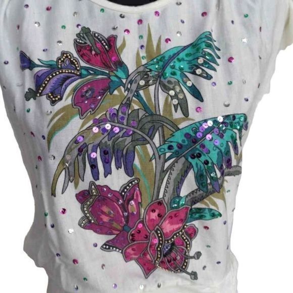 Bonnie Boerer Sequin Tropical Flower‎ Dolman Sleeve Top Sz PS - Picture 2 of 14